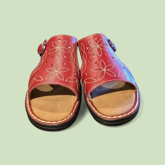 Clarks Womens Shoes 11M Floral Leather Slide Sandal Open Toe Slip On Casual - Picture 2 of 5